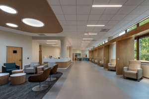 The 23 hour observation area with recliners and tables and chairs